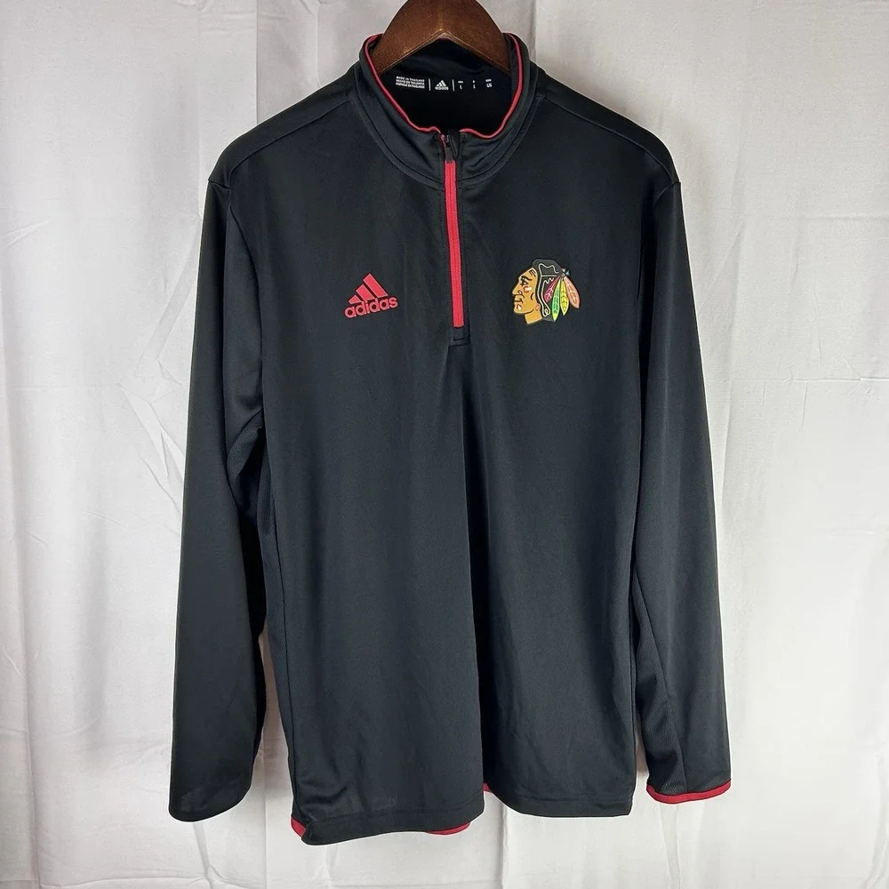NHL Chicago Blackhawks adidas 1/2 Zip Pullover Black‎ Long Sleeve Pullover Large